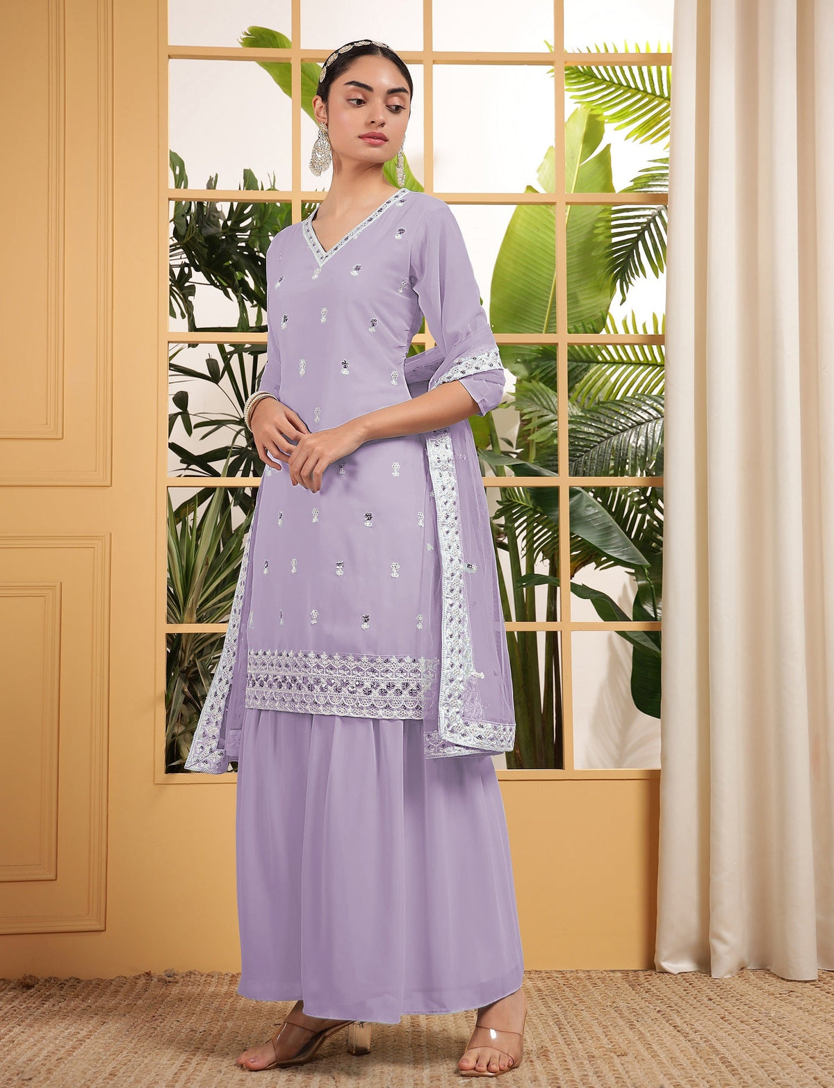 Teeya Creation Lavender Color Georgette Fabric Heavy Embroidery Work Fully Stitched Palazzo Set | Grocsy
