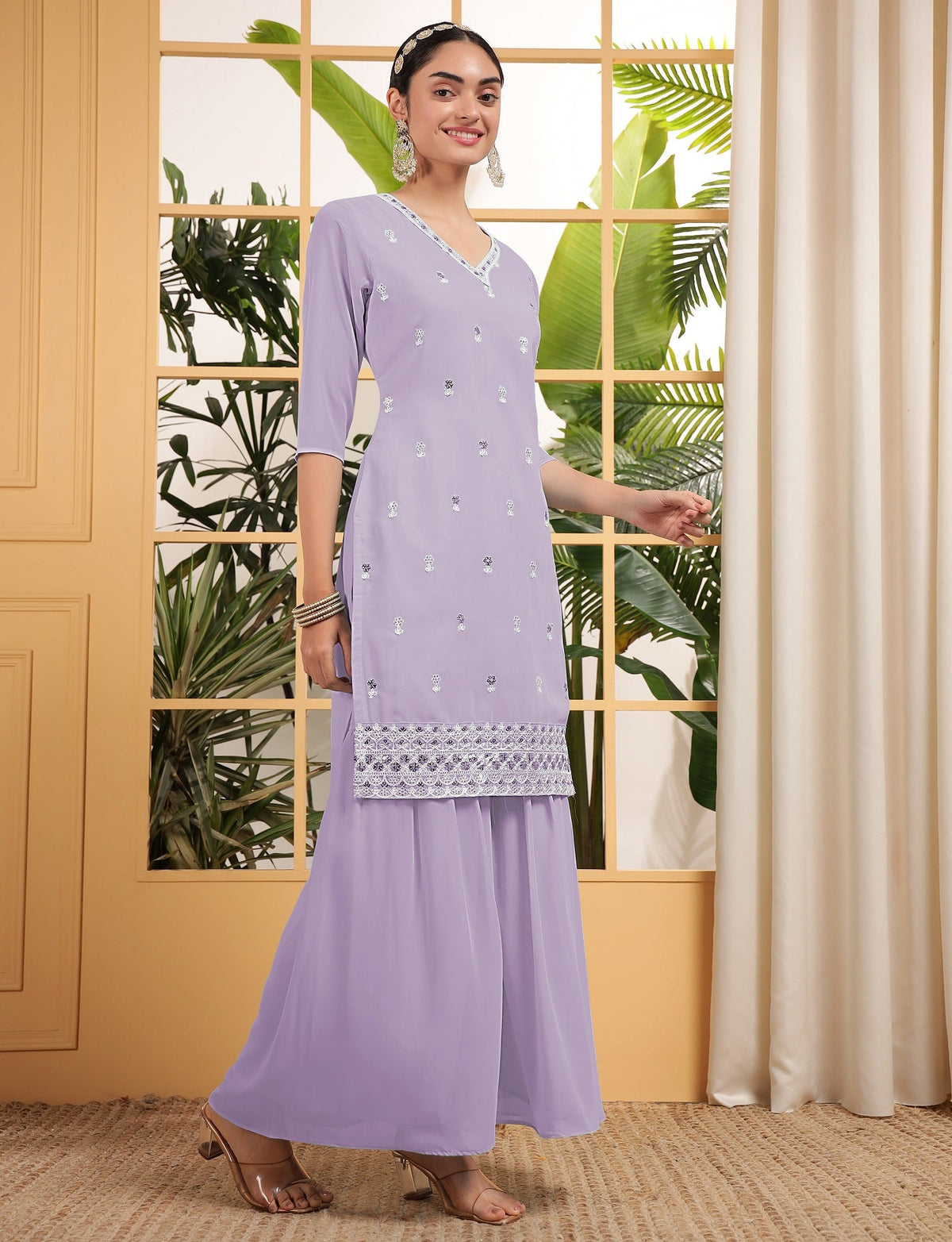 Teeya Creation Lavender Color Georgette Fabric Heavy Embroidery Work Fully Stitched Palazzo Set | Grocsy