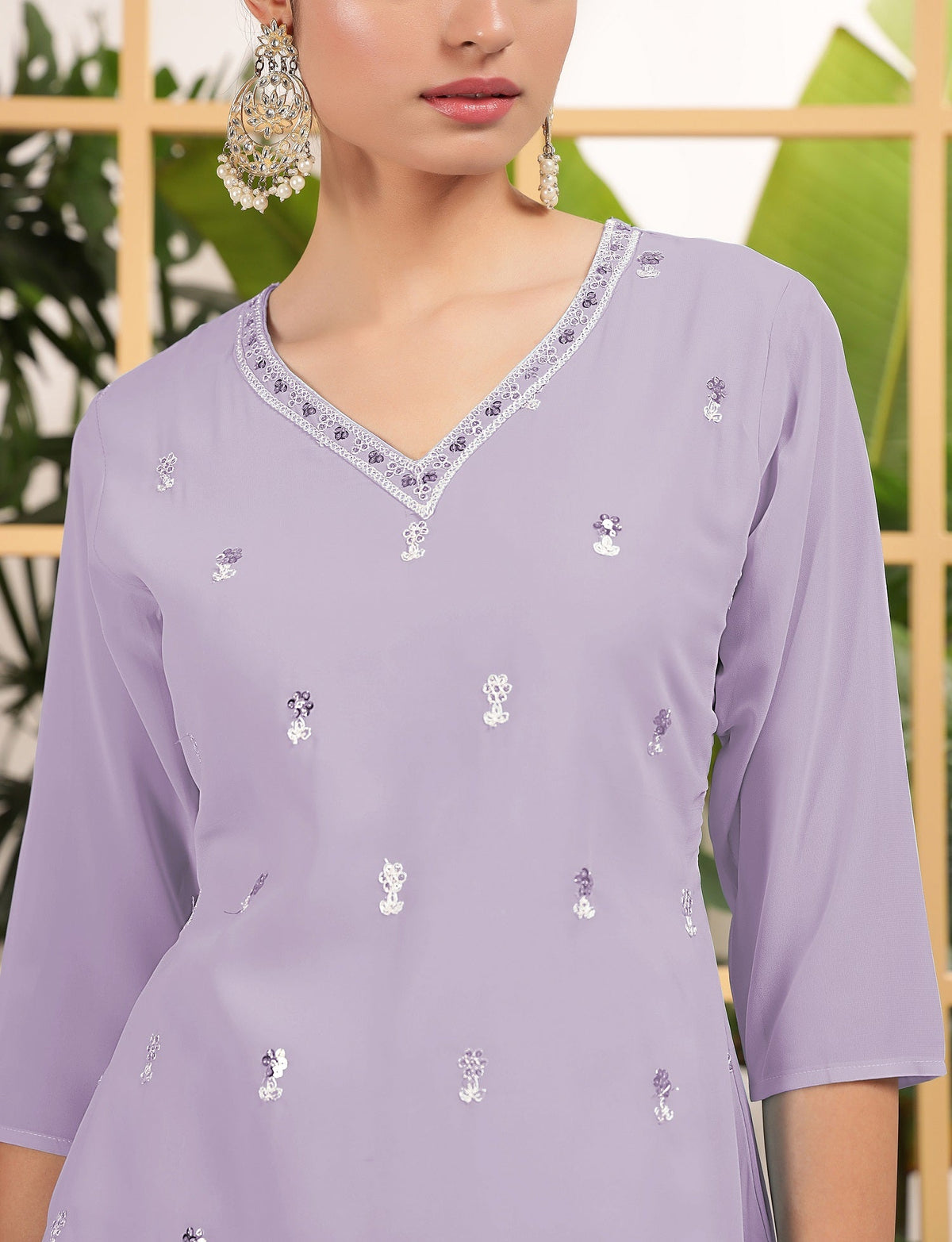 Teeya Creation Lavender Color Georgette Fabric Heavy Embroidery Work Fully Stitched Palazzo Set | Grocsy
