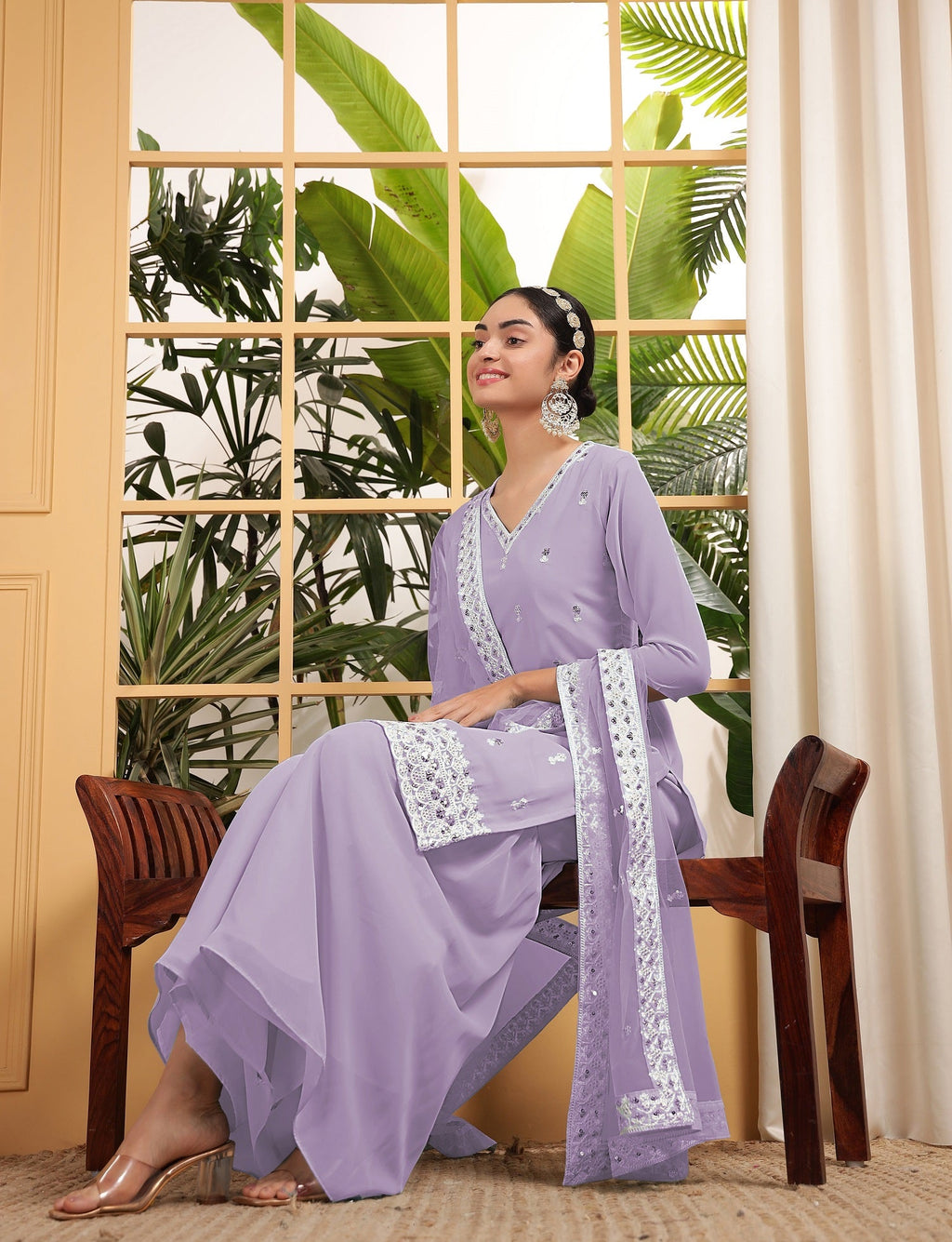 Teeya Creation Lavender Color Georgette Fabric Heavy Embroidery Work Fully Stitched Palazzo Set | Grocsy