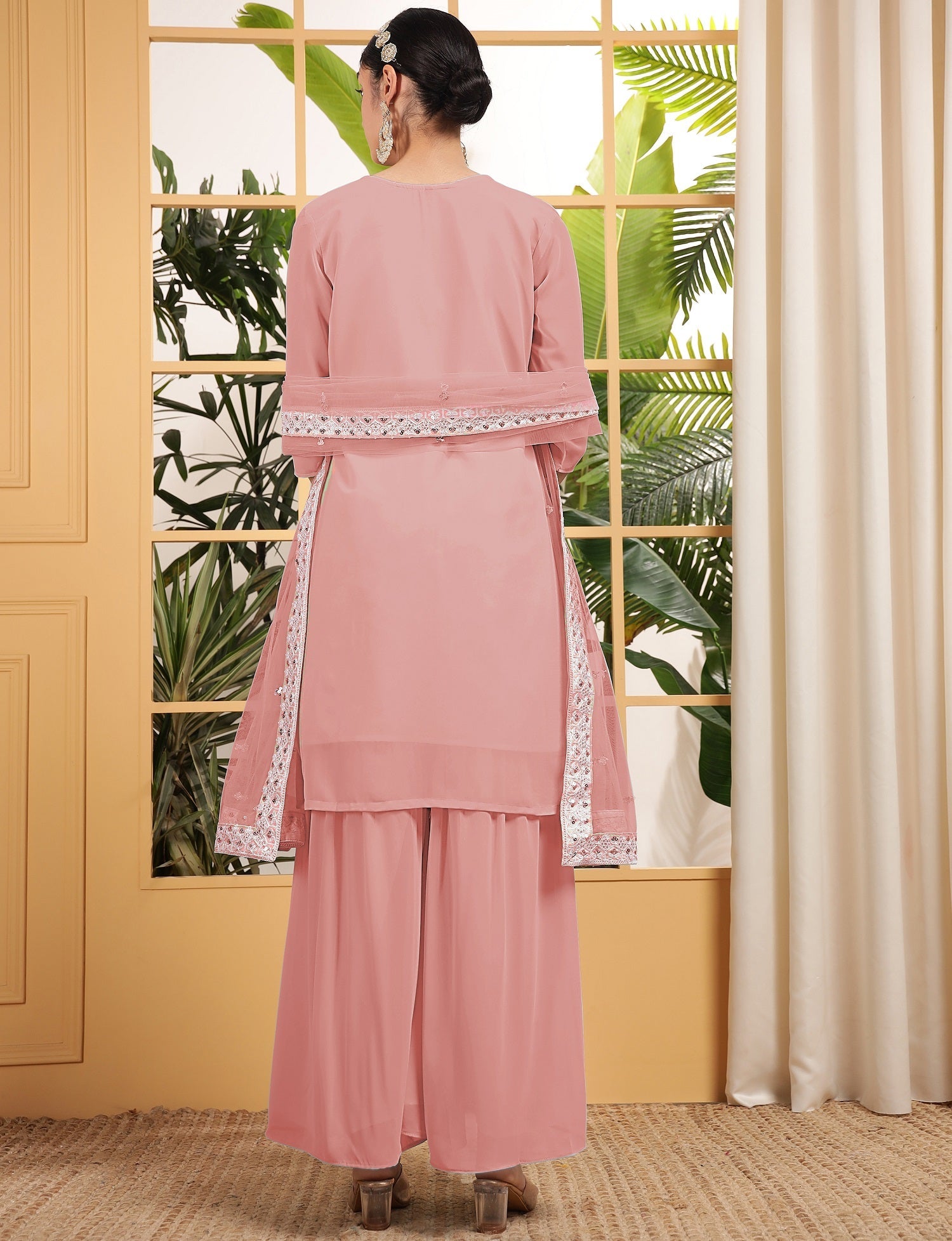 Teeya Creation Peach Color Georgette Fabric Heavy Embroidery Work Fully Stitched Palazzo Set | Grocsy