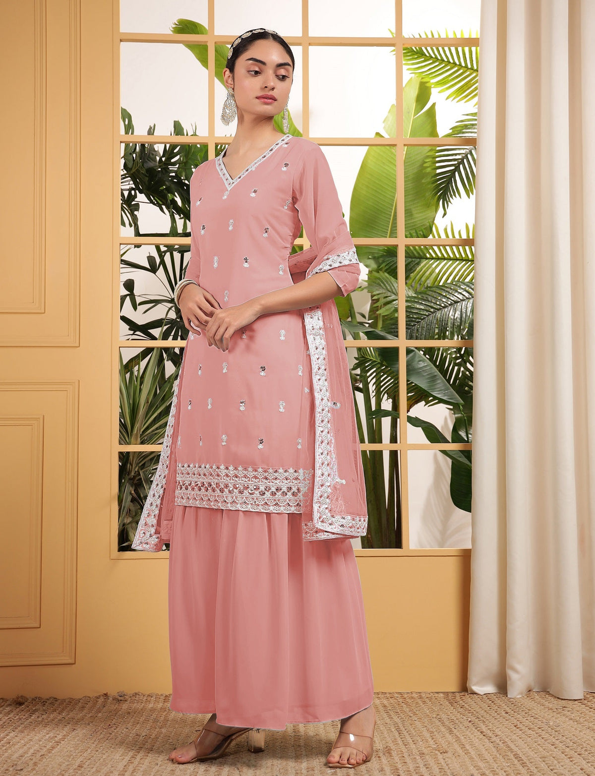 Teeya Creation Peach Color Georgette Fabric Heavy Embroidery Work Fully Stitched Palazzo Set | Grocsy