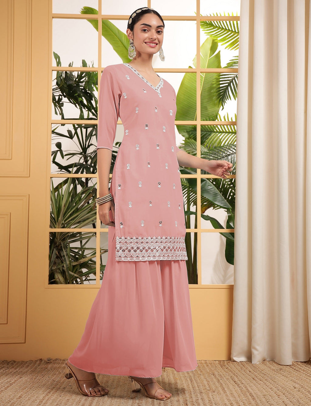 Teeya Creation Peach Color Georgette Fabric Heavy Embroidery Work Fully Stitched Palazzo Set | Grocsy