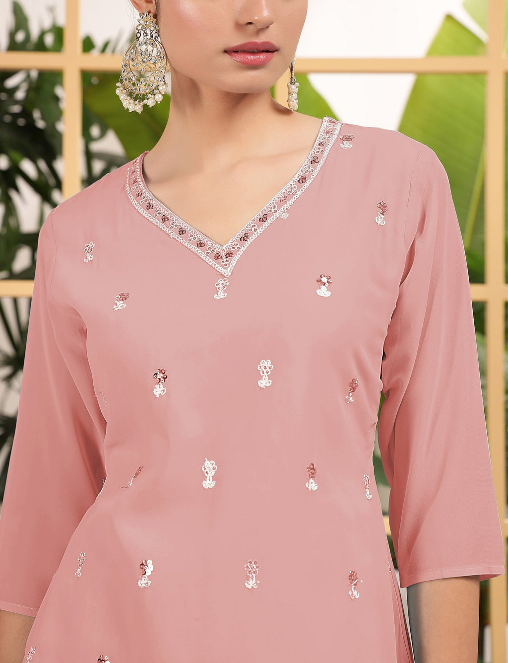 Teeya Creation Peach Color Georgette Fabric Heavy Embroidery Work Fully Stitched Palazzo Set | Grocsy