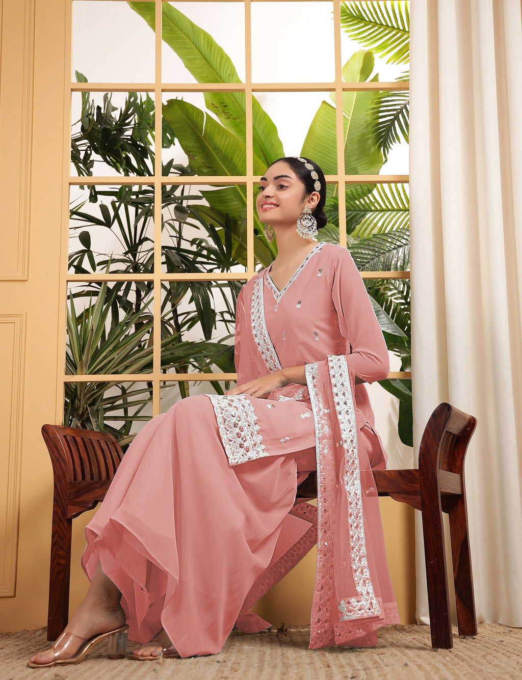 Teeya Creation Peach Color Georgette Fabric Heavy Embroidery Work Fully Stitched Palazzo Set | Grocsy