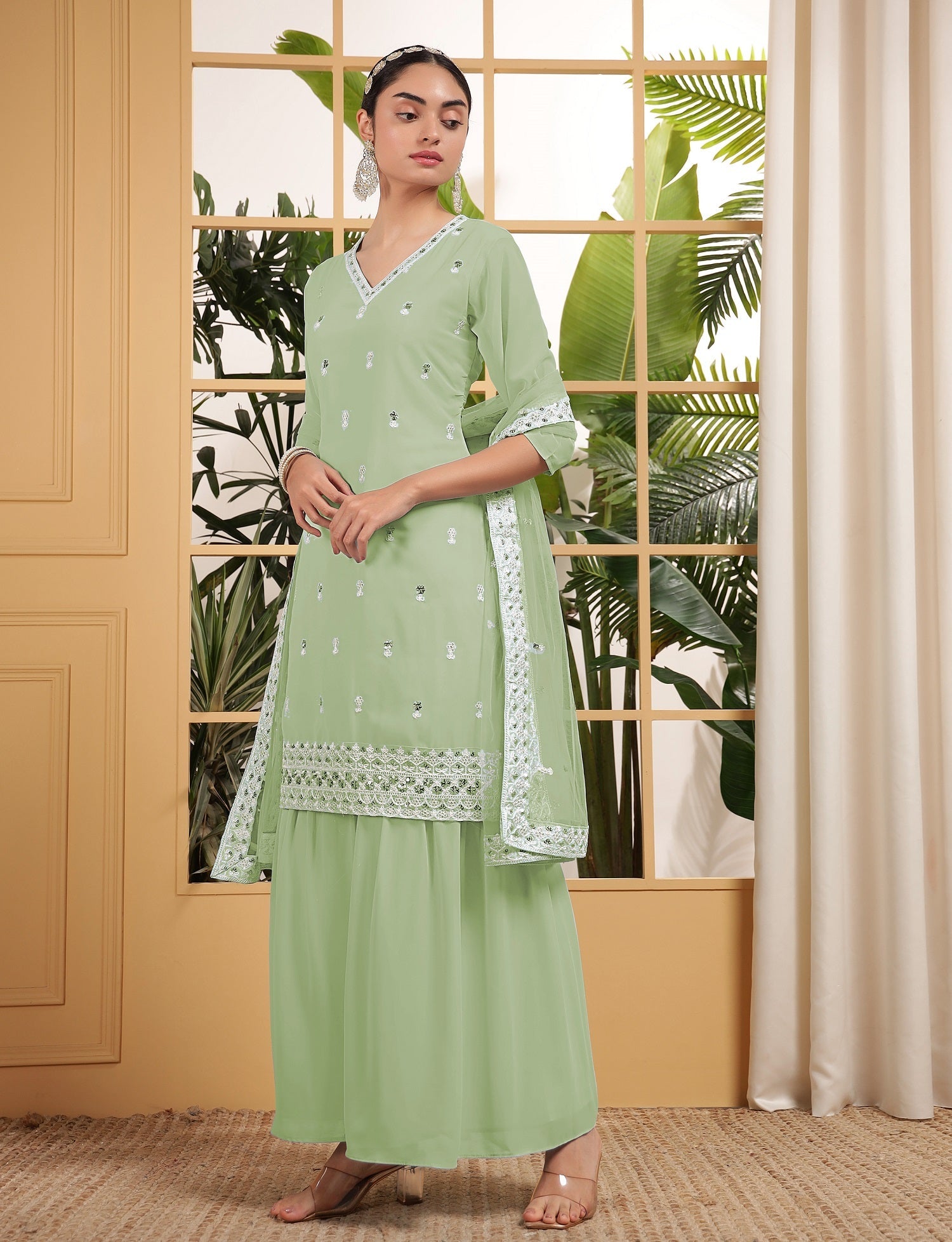 Teeya Creation Pista Color Georgette Fabric Heavy Embroidery Work Fully Stitched Palazzo Set | Grocsy
