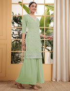 Teeya Creation Pista Color Georgette Fabric Heavy Embroidery Work Fully Stitched Palazzo Set | Grocsy