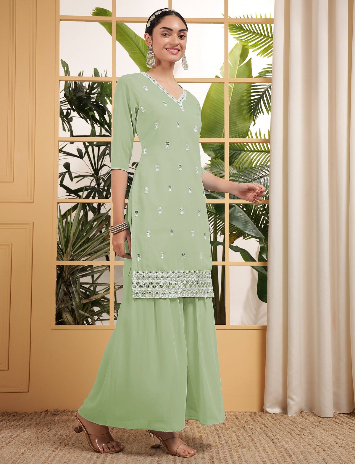 Teeya Creation Pista Color Georgette Fabric Heavy Embroidery Work Fully Stitched Palazzo Set | Grocsy