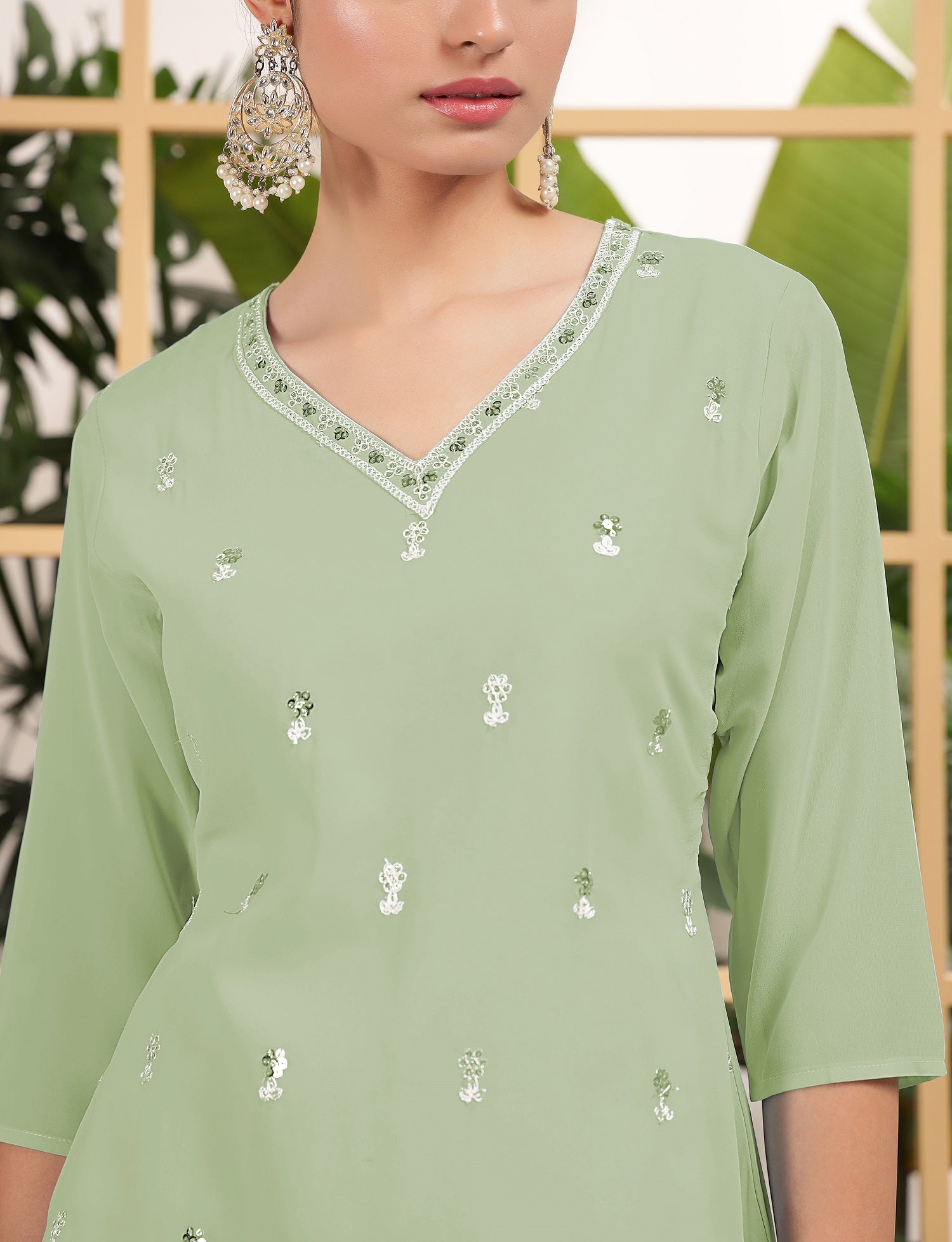 Teeya Creation Pista Color Georgette Fabric Heavy Embroidery Work Fully Stitched Palazzo Set | Grocsy
