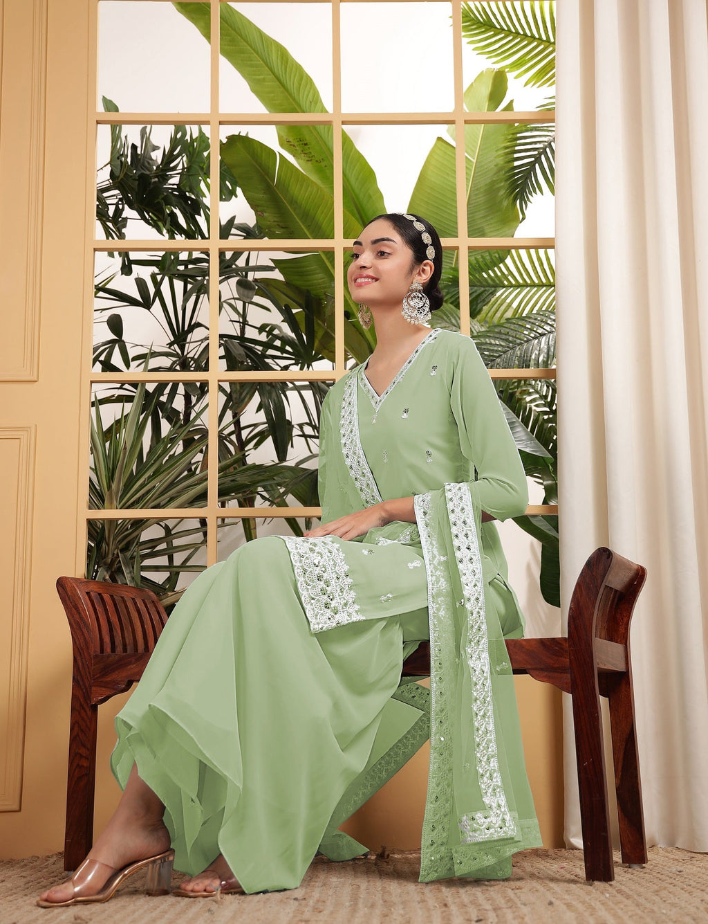 Teeya Creation Pista Color Georgette Fabric Heavy Embroidery Work Fully Stitched Palazzo Set | Grocsy