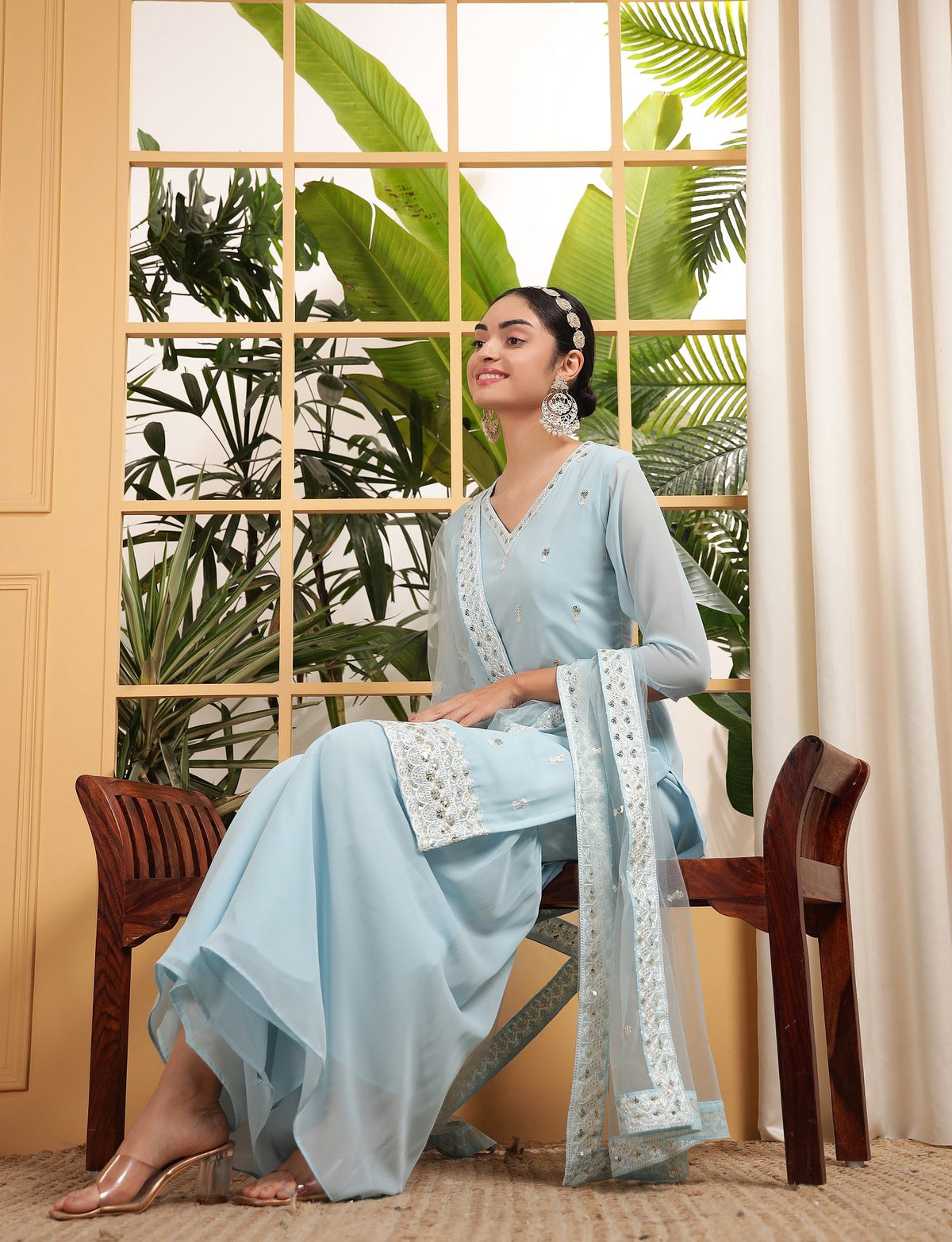 Teeya Creation Sky Color Georgette Fabric Heavy Embroidery Work Fully Stitched Palazzo Set | Grocsy