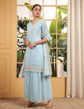 Teeya Creation Sky Color Georgette Fabric Heavy Embroidery Work Fully Stitched Palazzo Set | Grocsy
