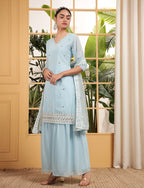 Teeya Creation Sky Color Georgette Fabric Heavy Embroidery Work Fully Stitched Palazzo Set | Grocsy