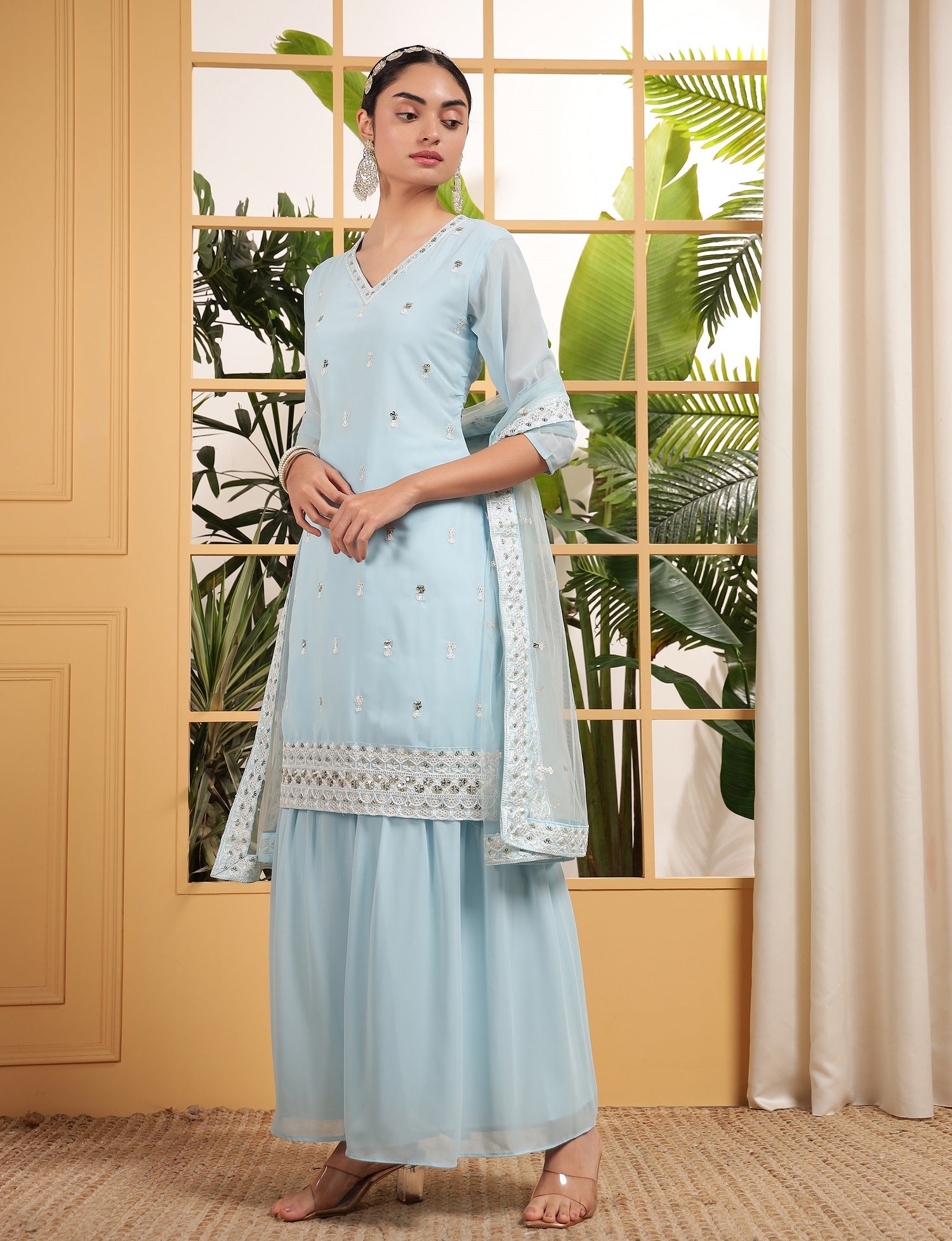 Teeya Creation Sky Color Georgette Fabric Heavy Embroidery Work Fully Stitched Palazzo Set | Grocsy
