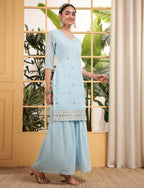 Teeya Creation Sky Color Georgette Fabric Heavy Embroidery Work Fully Stitched Palazzo Set | Grocsy