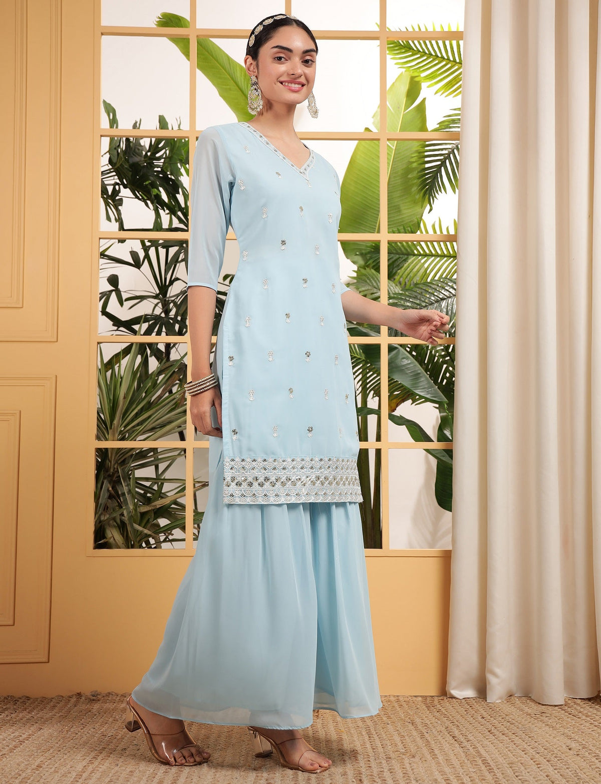 Teeya Creation Sky Color Georgette Fabric Heavy Embroidery Work Fully Stitched Palazzo Set | Grocsy