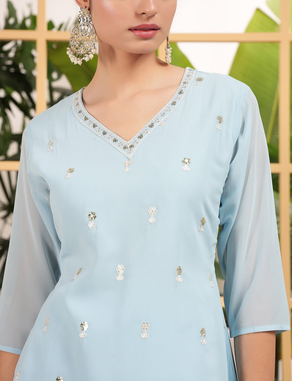 Teeya Creation Sky Color Georgette Fabric Heavy Embroidery Work Fully Stitched Palazzo Set | Grocsy
