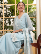 Teeya Creation Sky Color Georgette Fabric Heavy Embroidery Work Fully Stitched Palazzo Set | Grocsy