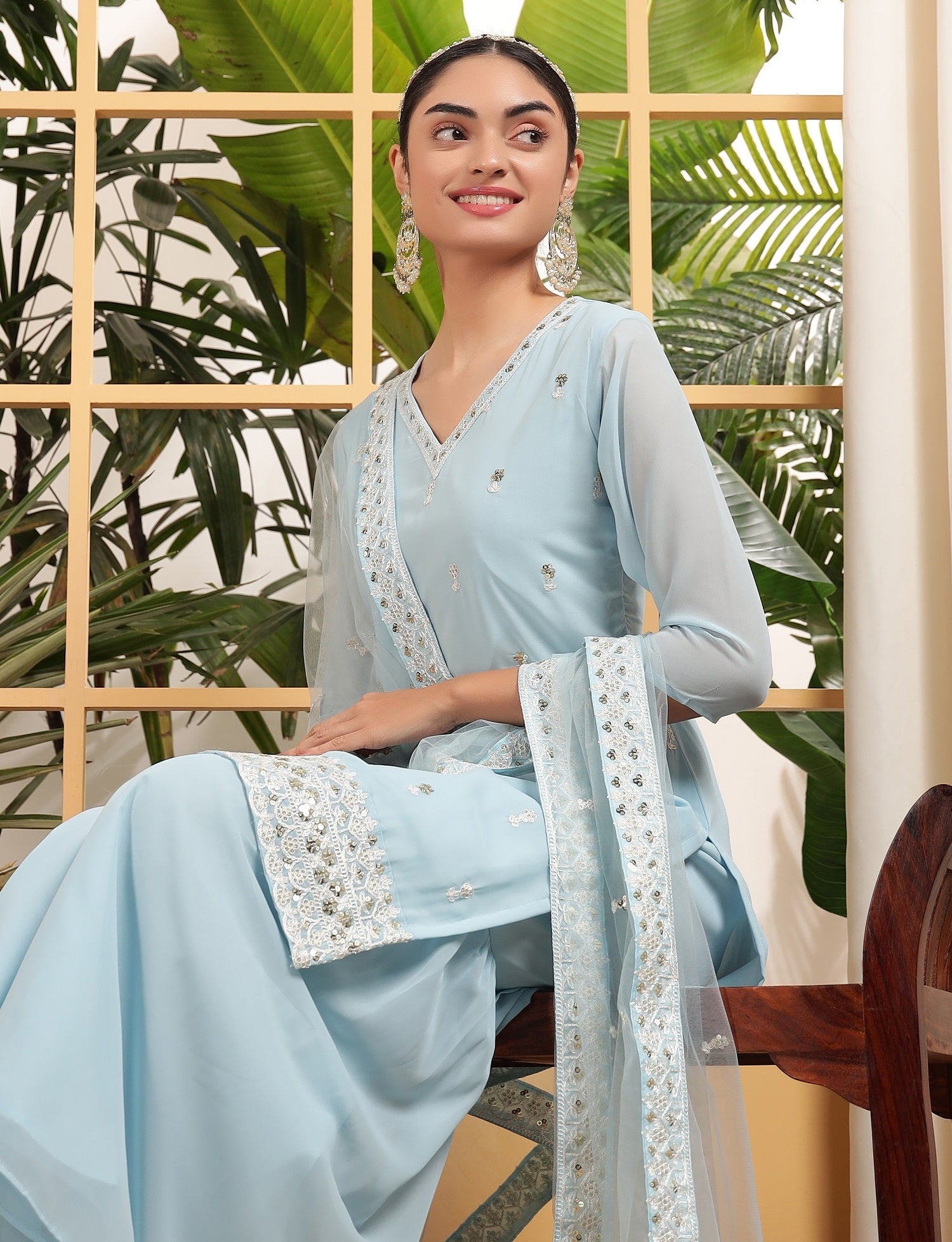 Teeya Creation Sky Color Georgette Fabric Heavy Embroidery Work Fully Stitched Palazzo Set | Grocsy