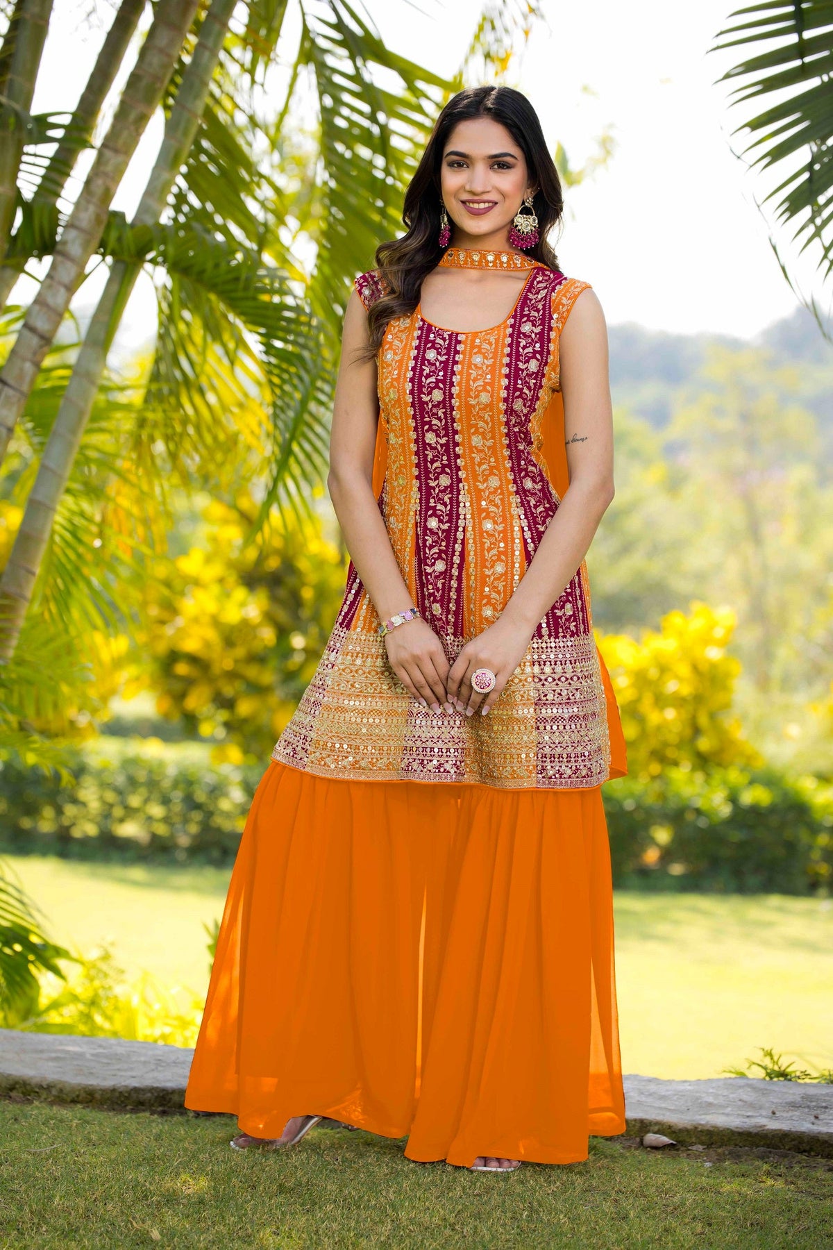 Teeya Creation Multi Color Georgette Heavy Embroidery Work Fully Stitched Palazzo Set | Grocsy