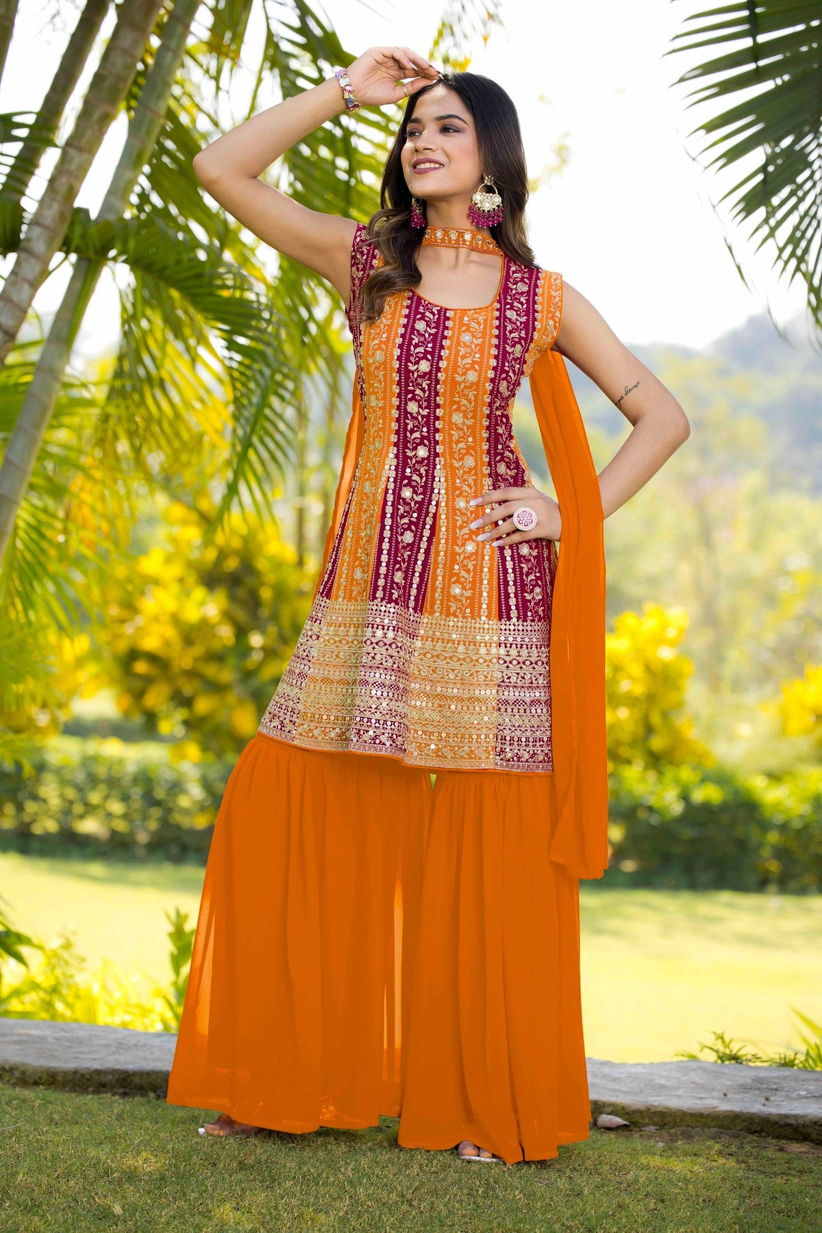 Teeya Creation Multi Color Georgette Heavy Embroidery Work Fully Stitched Palazzo Set | Grocsy