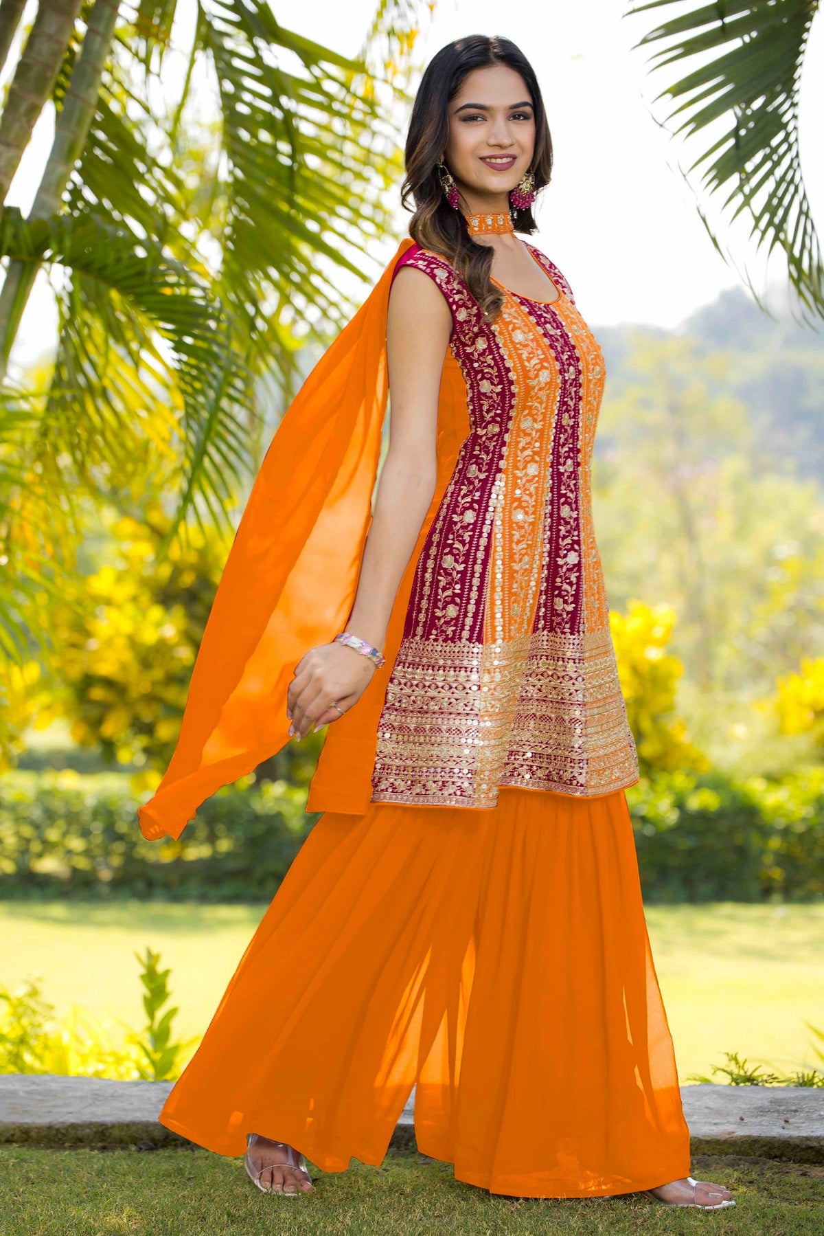 Teeya Creation Multi Color Georgette Heavy Embroidery Work Fully Stitched Palazzo Set | Grocsy