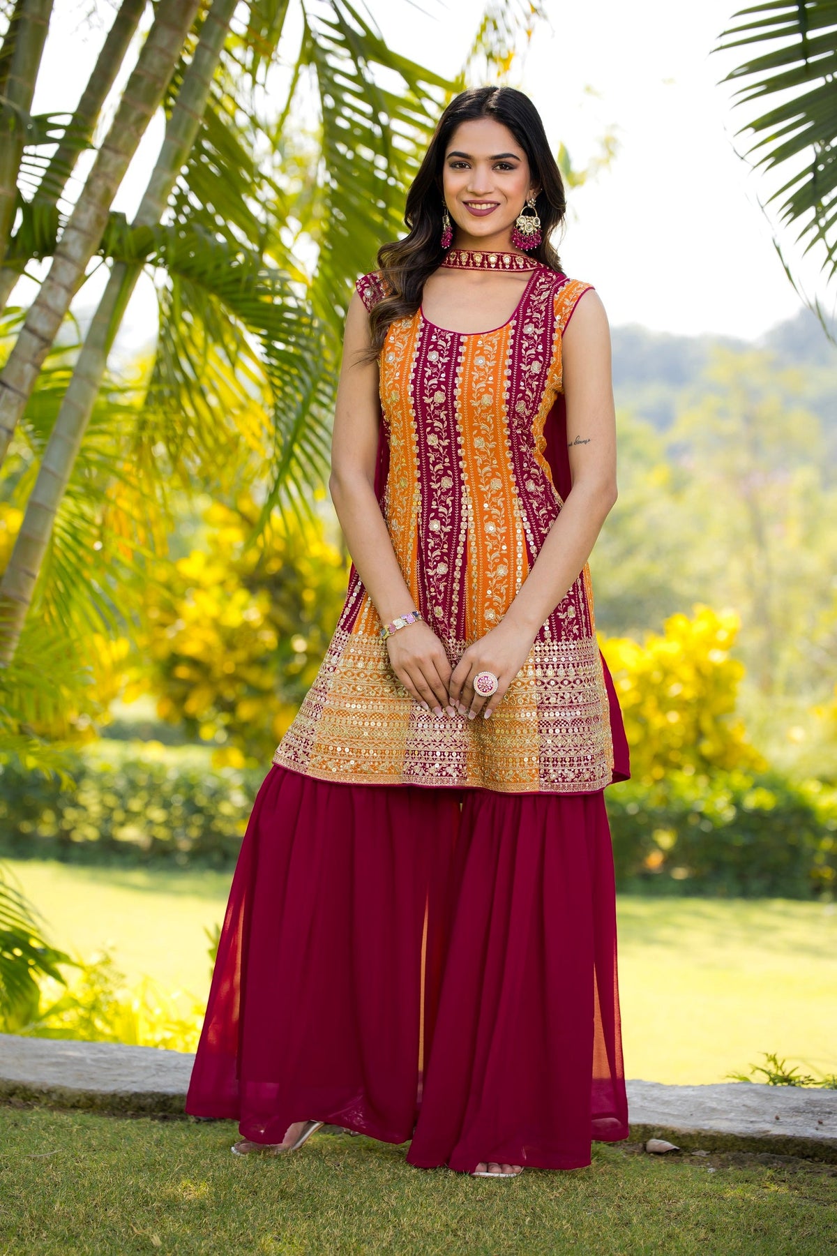 Teeya Creation Multi Color Georgette Heavy Embroidery Work Fully Stitched Palazzo Set | Grocsy
