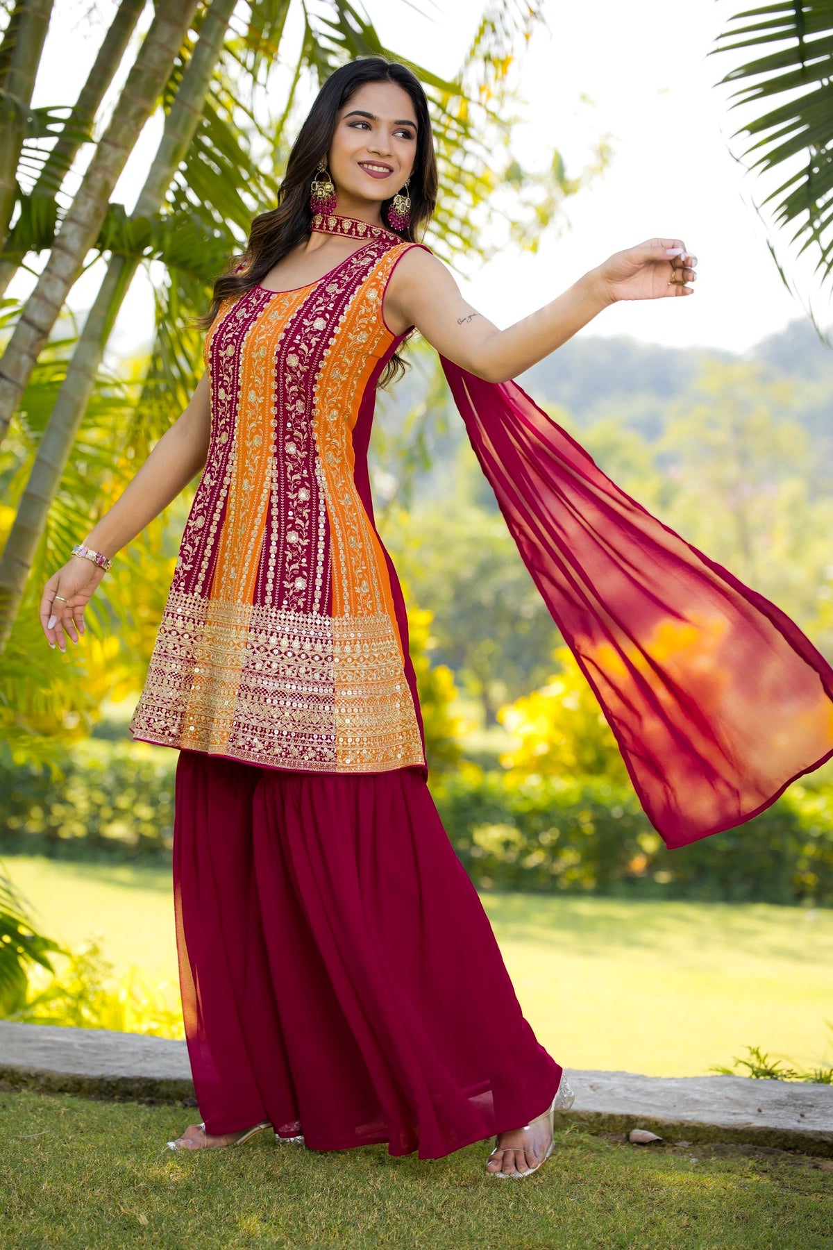 Teeya Creation Multi Color Georgette Heavy Embroidery Work Fully Stitched Palazzo Set | Grocsy