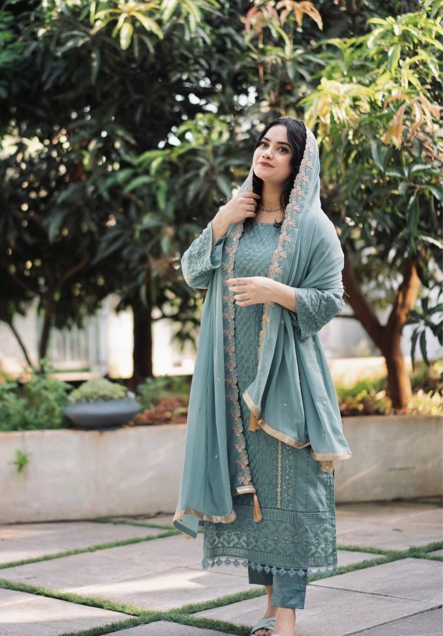 Teeya Creation Teal Color Faux Georgette Heavy Embroidery Work Fully Stitched Salwar Suit | Grocsy