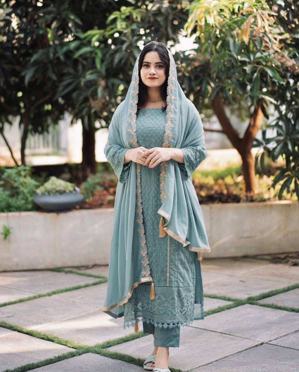 Teeya Creation Teal Color Faux Georgette Heavy Embroidery Work Fully Stitched Salwar Suit | Grocsy