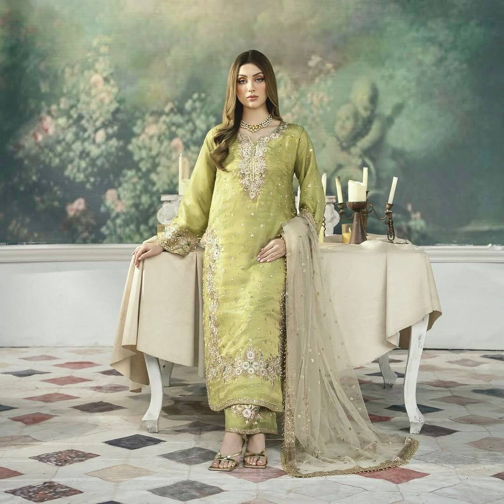 Teeya Creation Olive Color Pure Zimichhu Silk Embroidery Work Fully Stitched Palazzo Pair | Grocsy