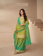 Teeya Creation Multi Color Chinnon Silk Digital Print With Embroidery Work Fully Stitched Palazzo Pair | Grocsy
