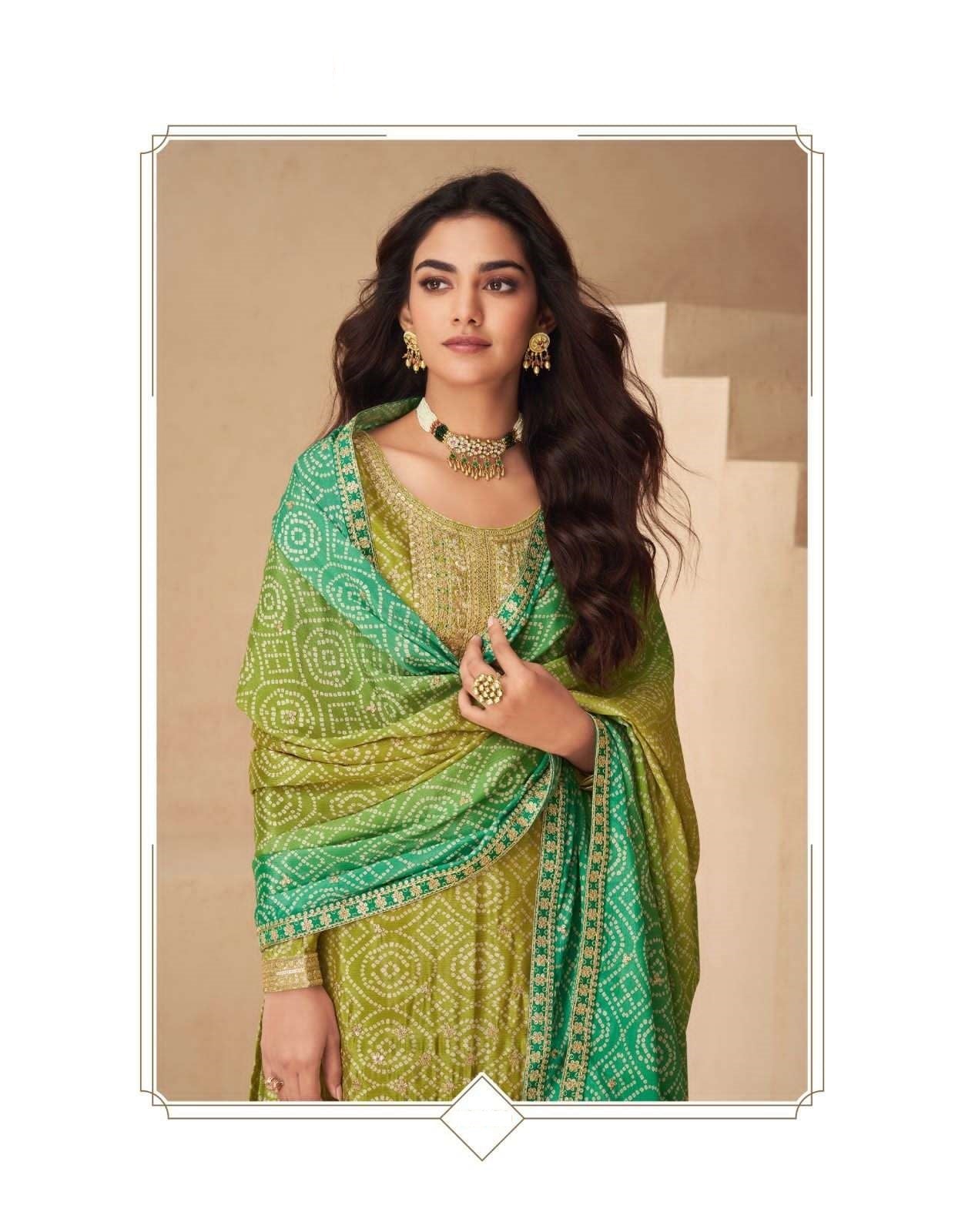Teeya Creation Multi Color Chinnon Silk Digital Print With Embroidery Work Fully Stitched Palazzo Pair | Grocsy
