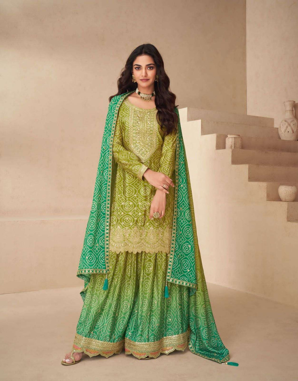 Teeya Creation Multi Color Chinnon Silk Digital Print With Embroidery Work Fully Stitched Palazzo Pair | Grocsy
