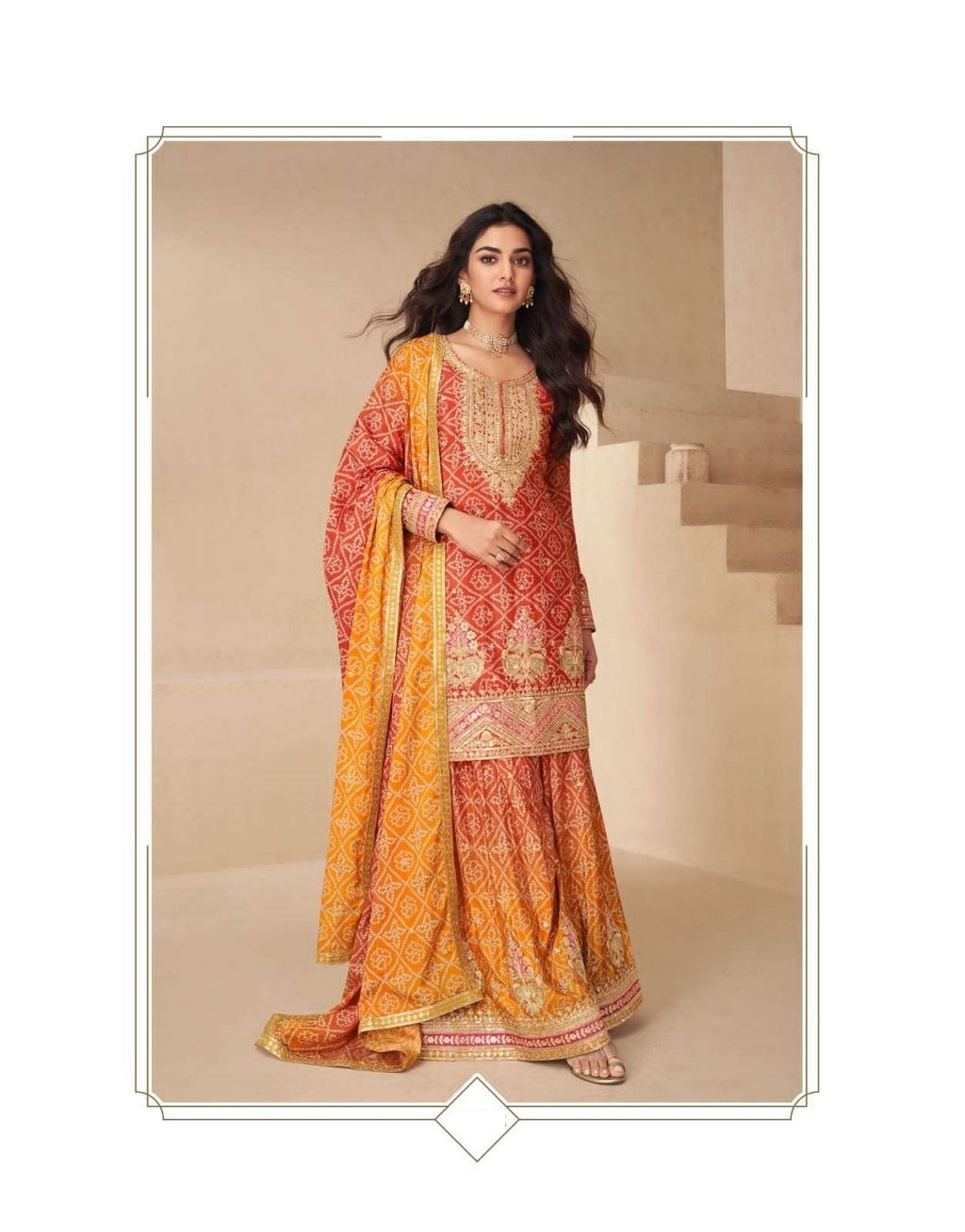 Teeya Creation Multi Color Chinnon Silk Digital Print With Embroidery Work Fully Stitched Palazzo Pair | Grocsy
