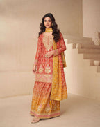 Teeya Creation Multi Color Chinnon Silk Digital Print With Embroidery Work Fully Stitched Palazzo Pair | Grocsy