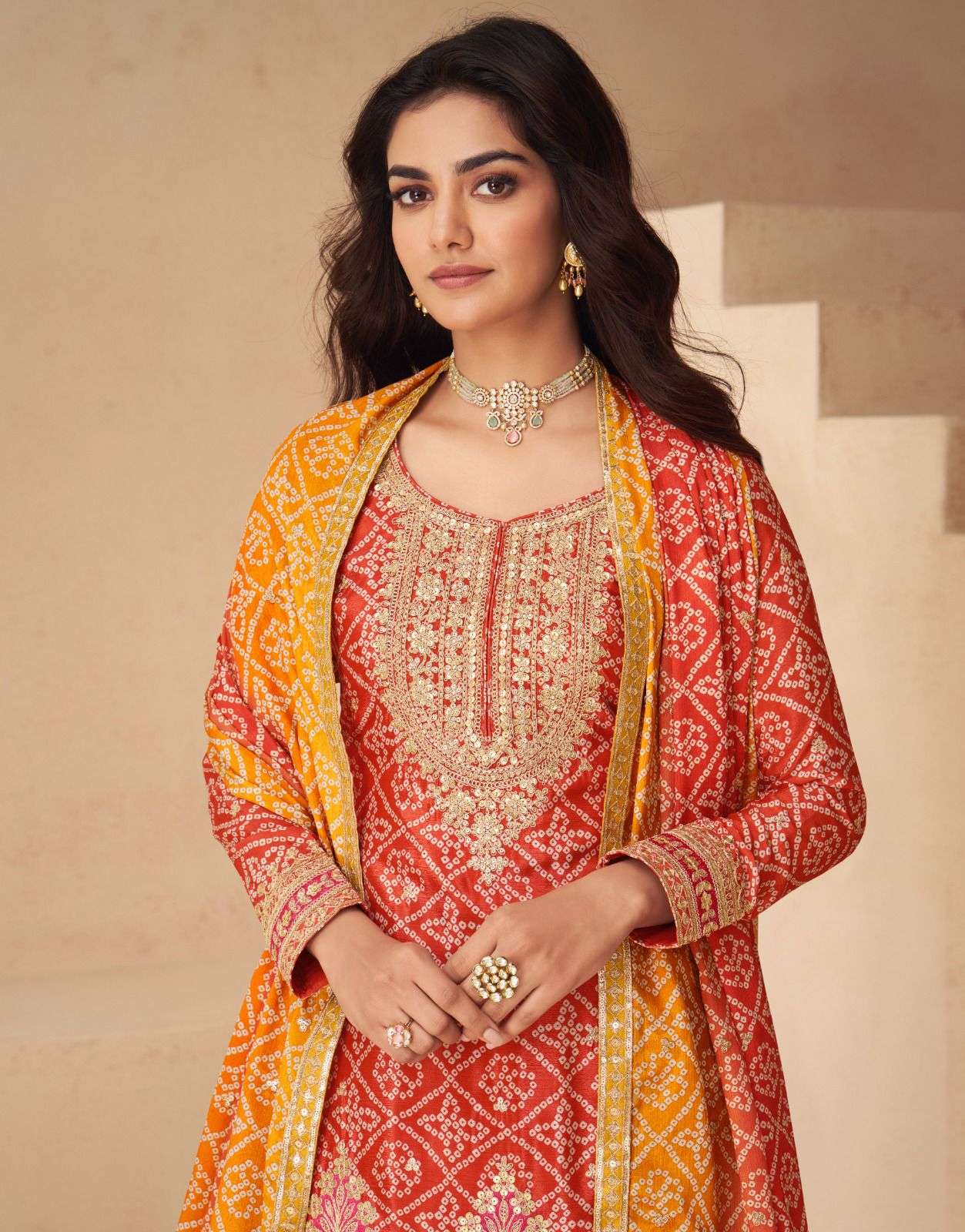 Teeya Creation Multi Color Chinnon Silk Digital Print With Embroidery Work Fully Stitched Palazzo Pair | Grocsy