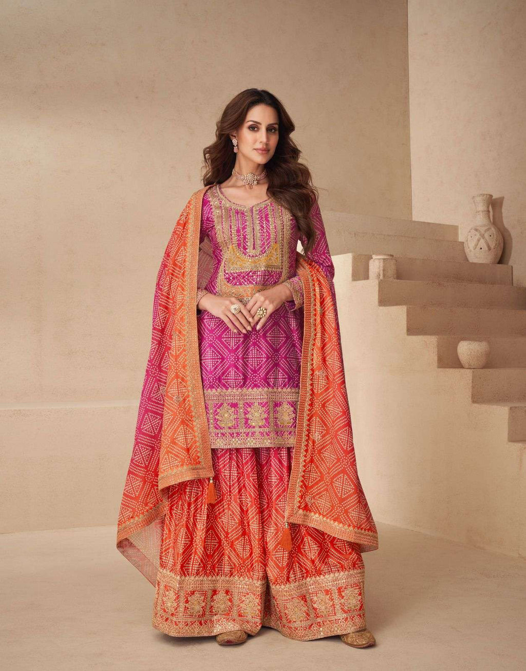 Teeya Creation Multi Color Chinnon Silk Digital Print With Embroidery Work Fully Stitched Palazzo Pair | Grocsy