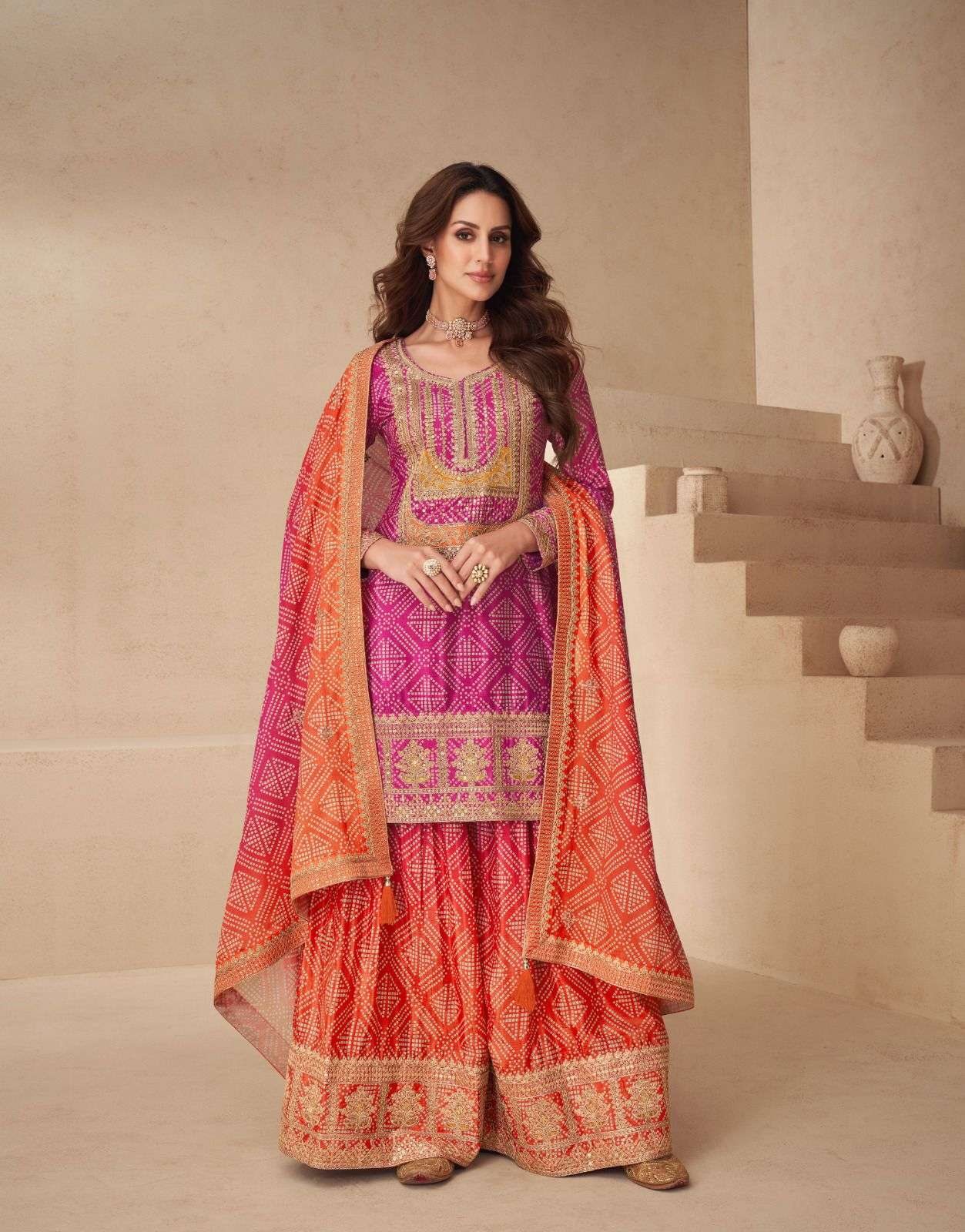Teeya Creation Multi Color Chinnon Silk Digital Print With Embroidery Work Fully Stitched Palazzo Pair | Grocsy