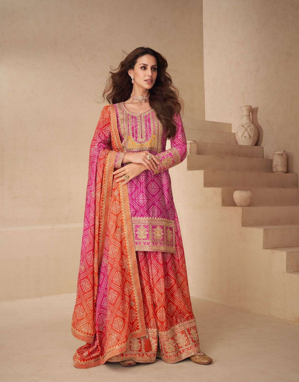 Teeya Creation Multi Color Chinnon Silk Digital Print With Embroidery Work Fully Stitched Palazzo Pair | Grocsy