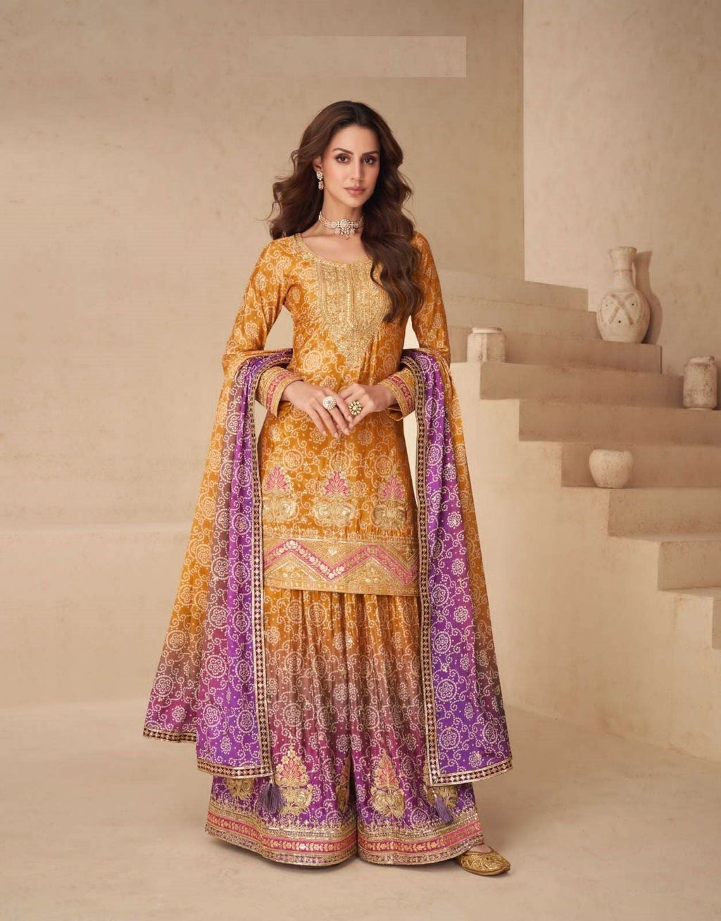 Teeya Creation Multi Color Chinnon Silk Digital Print With Embroidery Work Fully Stitched Palazzo Pair | Grocsy
