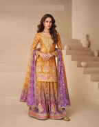 Teeya Creation Multi Color Chinnon Silk Digital Print With Embroidery Work Fully Stitched Palazzo Pair | Grocsy