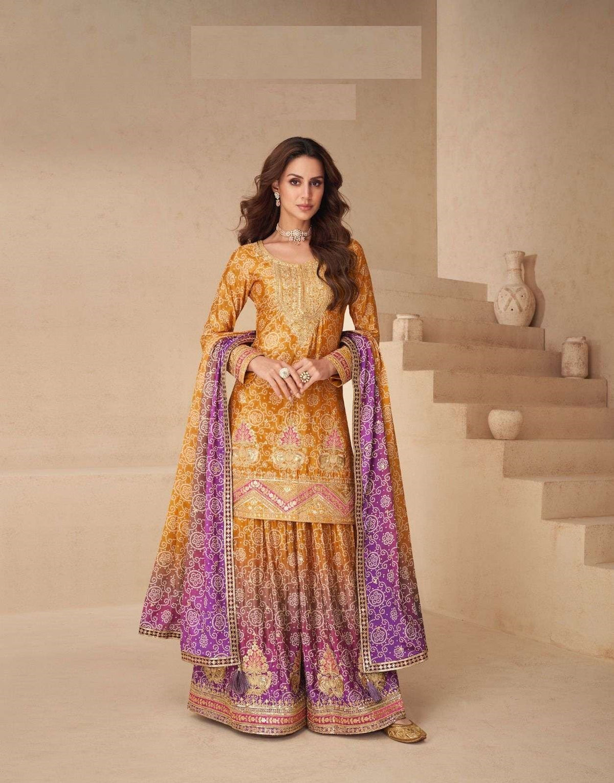 Teeya Creation Multi Color Chinnon Silk Digital Print With Embroidery Work Fully Stitched Palazzo Pair | Grocsy