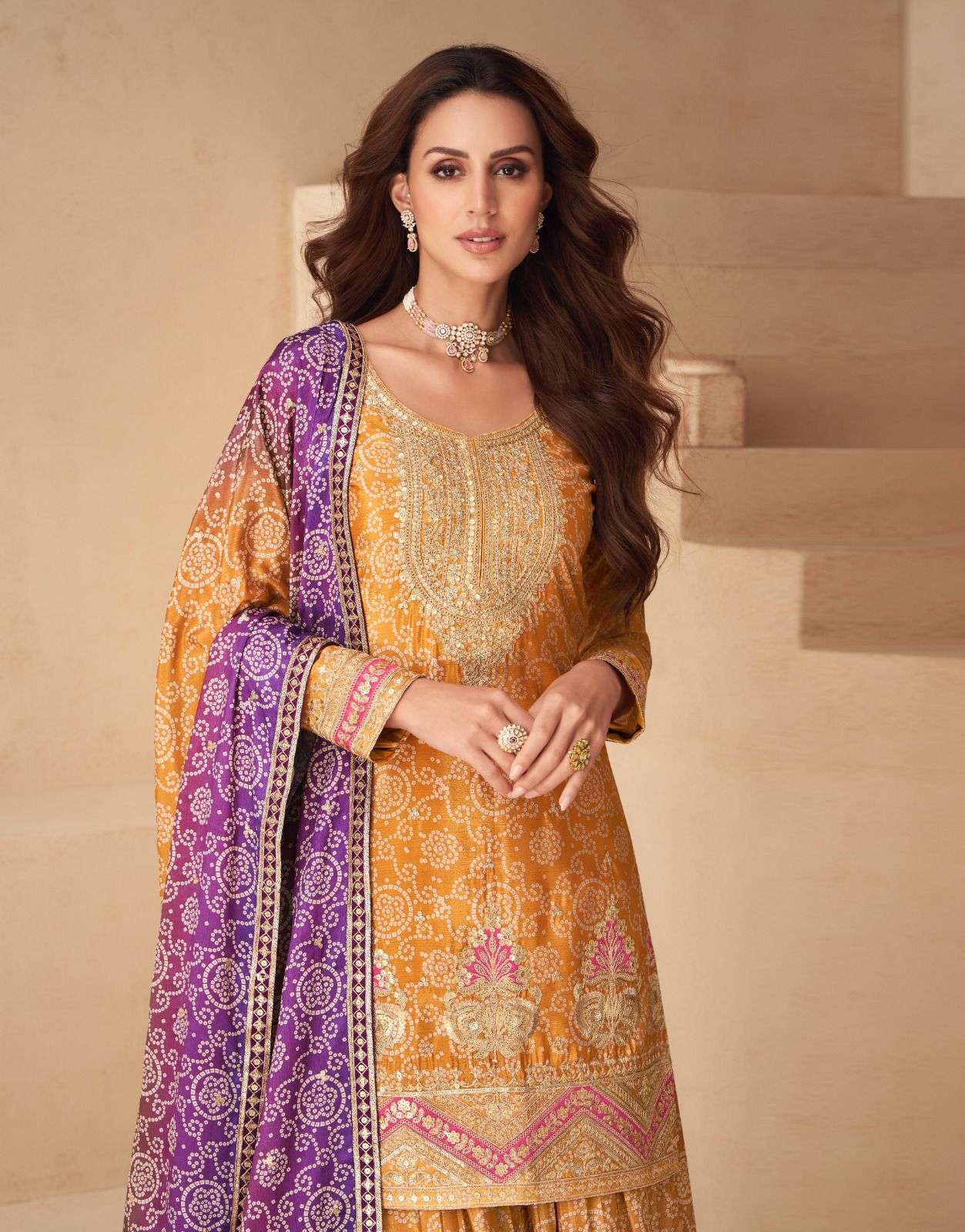 Teeya Creation Multi Color Chinnon Silk Digital Print With Embroidery Work Fully Stitched Palazzo Pair | Grocsy