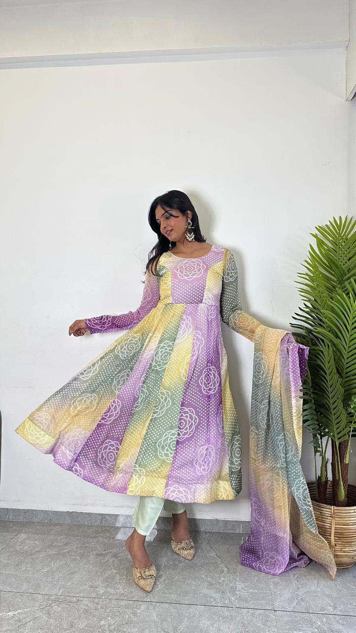 Teeya Creation Multi Color Soft Organza Silk Digital Printed Fully Stitched Gown | Grocsy