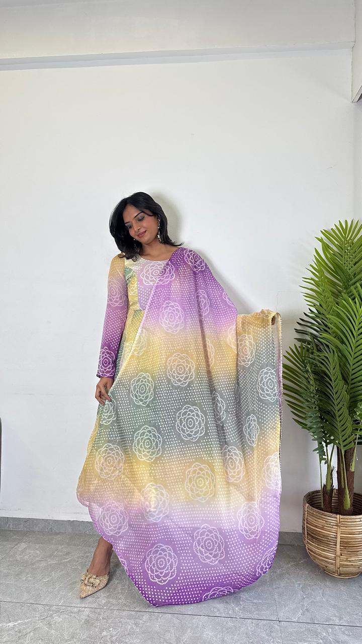 Teeya Creation Multi Color Soft Organza Silk Digital Printed Fully Stitched Gown | Grocsy