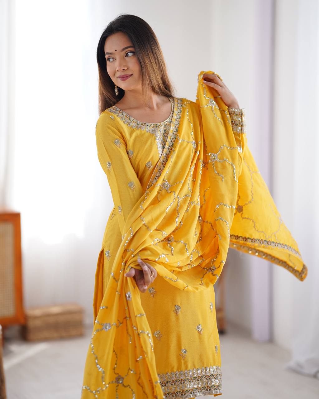 Teeya Creation Yellow Color Chinnon Silk Heavy Embroidery Work Fully Stitched Salwar Suit | Grocsy