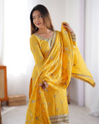 Teeya Creation Yellow Color Chinnon Silk Heavy Embroidery Work Fully Stitched Salwar Suit | Grocsy