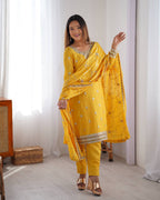 Teeya Creation Yellow Color Chinnon Silk Heavy Embroidery Work Fully Stitched Salwar Suit | Grocsy