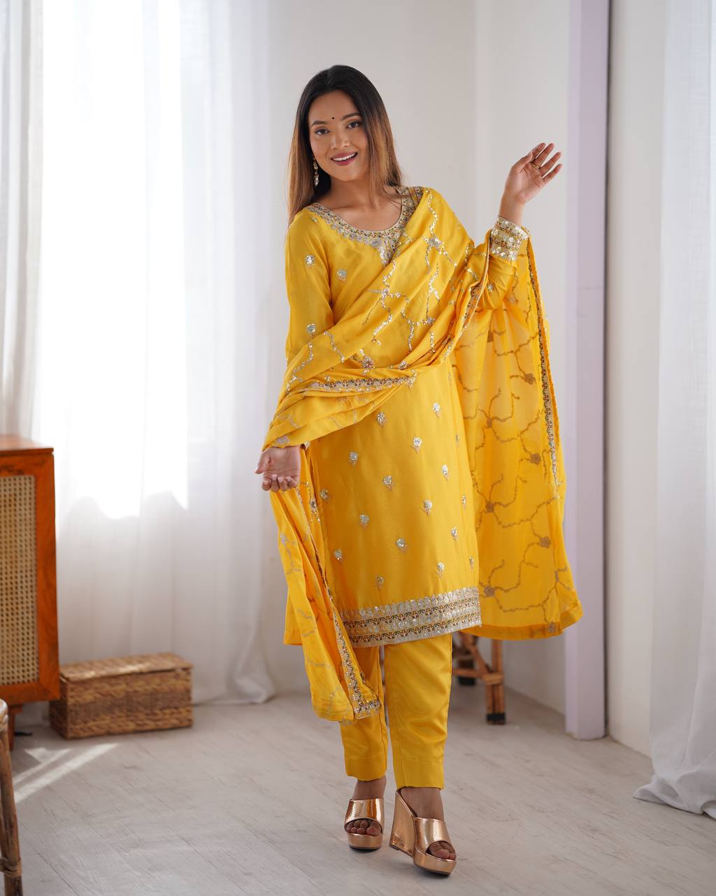 Teeya Creation Yellow Color Chinnon Silk Heavy Embroidery Work Fully Stitched Salwar Suit | Grocsy